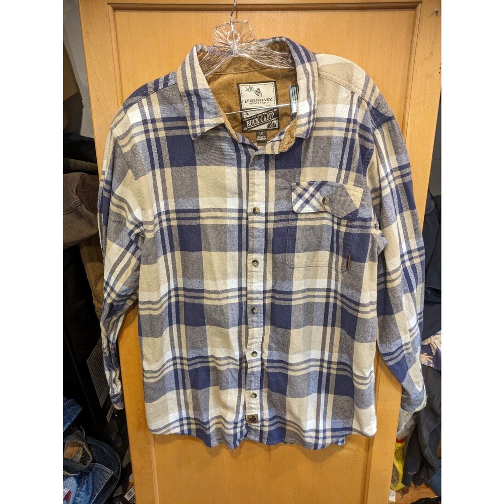 Legendary Whitetails Flannel Mens Large Tan and Blue Plaid Long Sleeve Flip Cuff